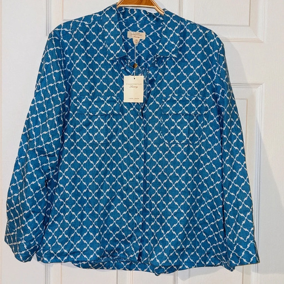 Charter Club Luxury Linen Blue White Button-Up‎ Top Gold Buttons Sz. Large NWT - Picture 1 of 7